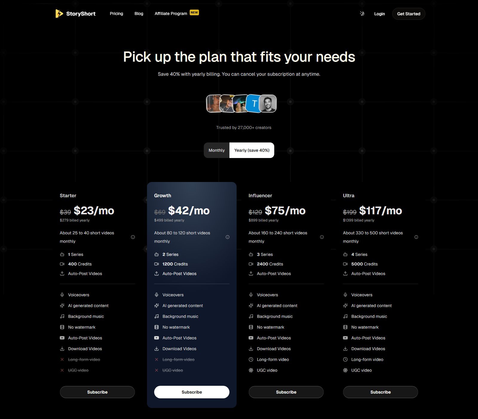 Official StoryShort yearly billing showing Starter $23 per month equivalent billed $279 yearly