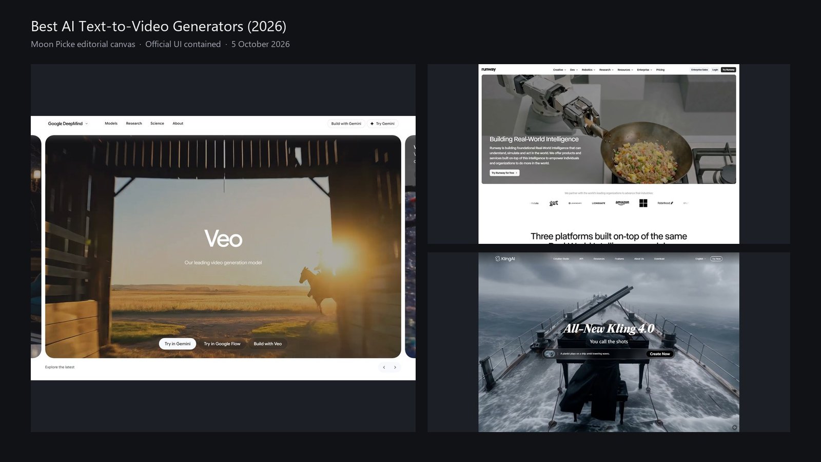 Moon Picke editorial canvas with official Google Flow, Runway, Kling, Luma, Hailuo, and Pika text-to-video product UI, 2026