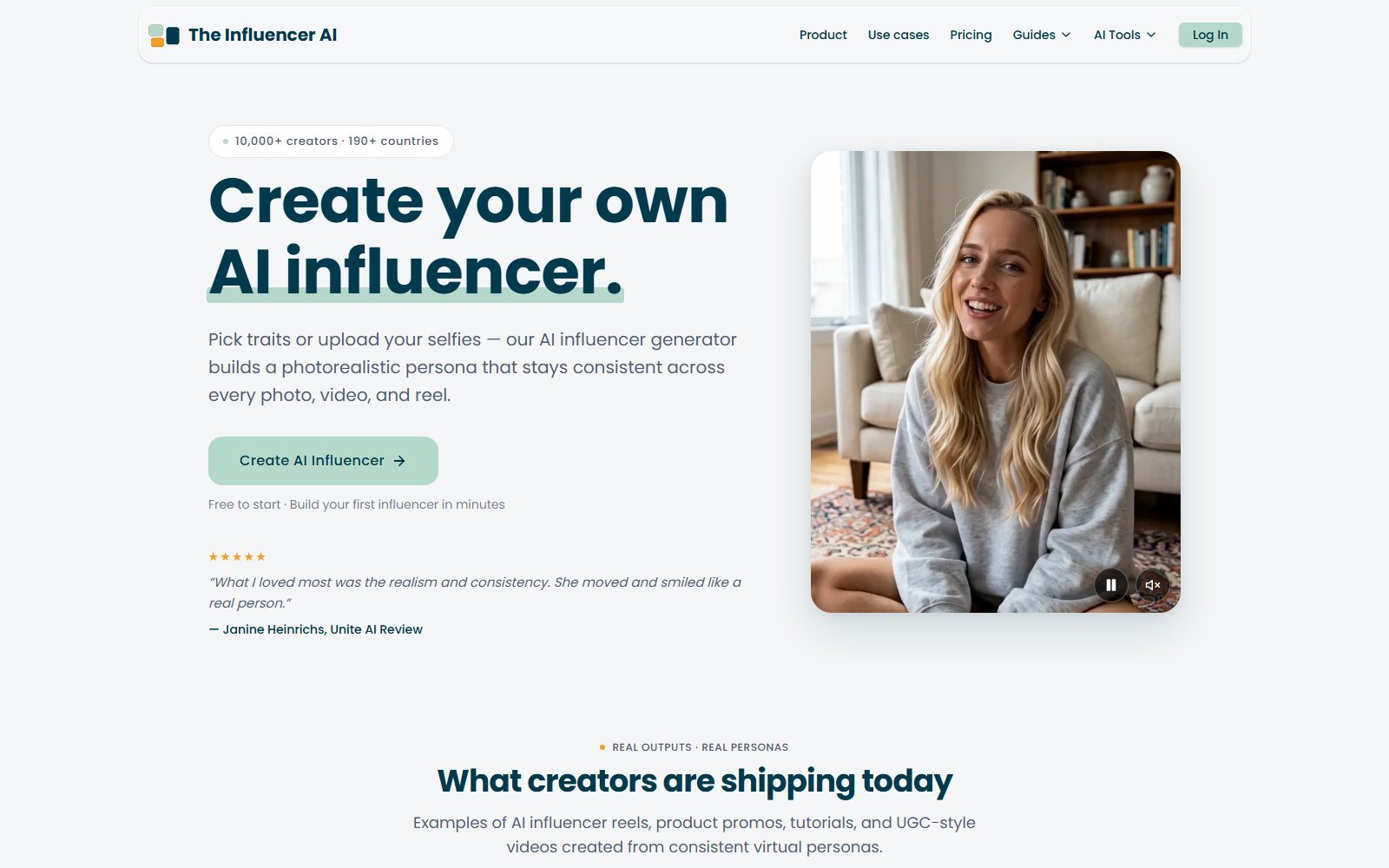 Official The Influencer AI homepage capture for AI influencer UGC