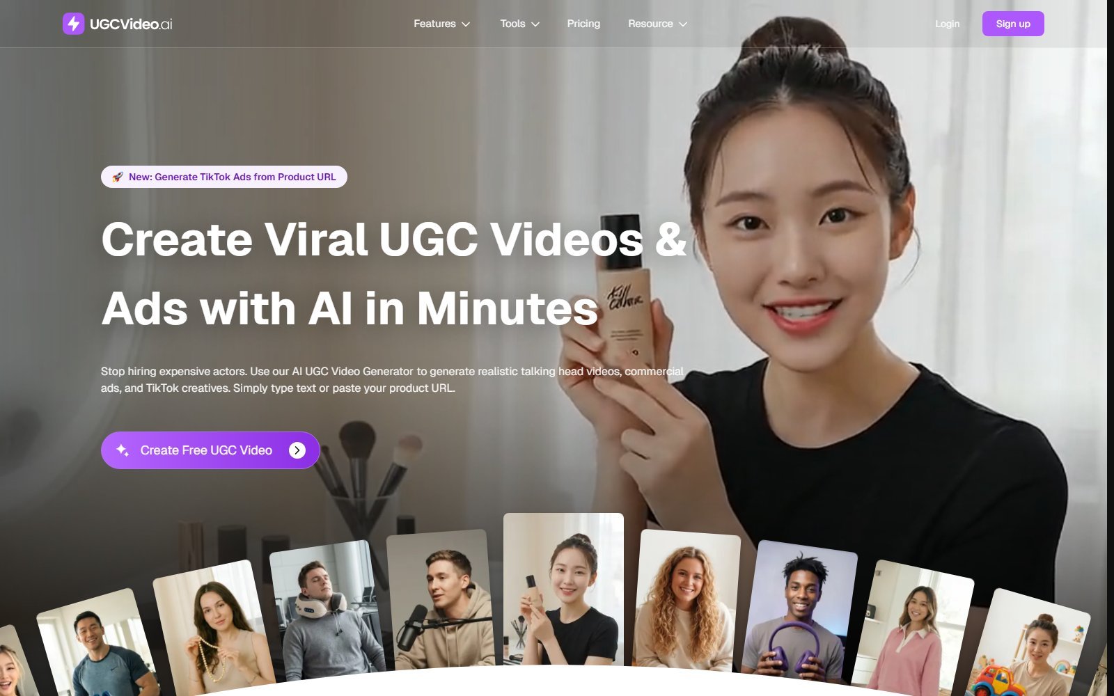 Official UGCVideo.ai homepage capture for UGC-style AI video