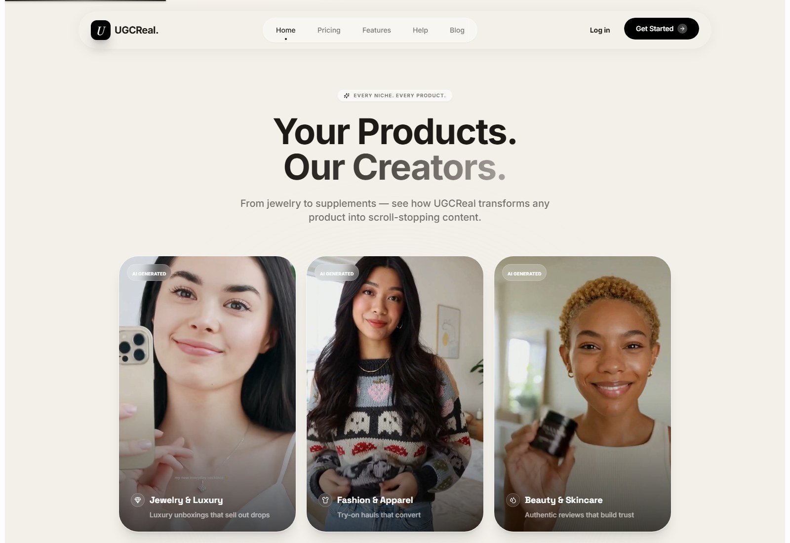 UGCReal official AI-generated jewelry, fashion, and beauty UGC-style examples