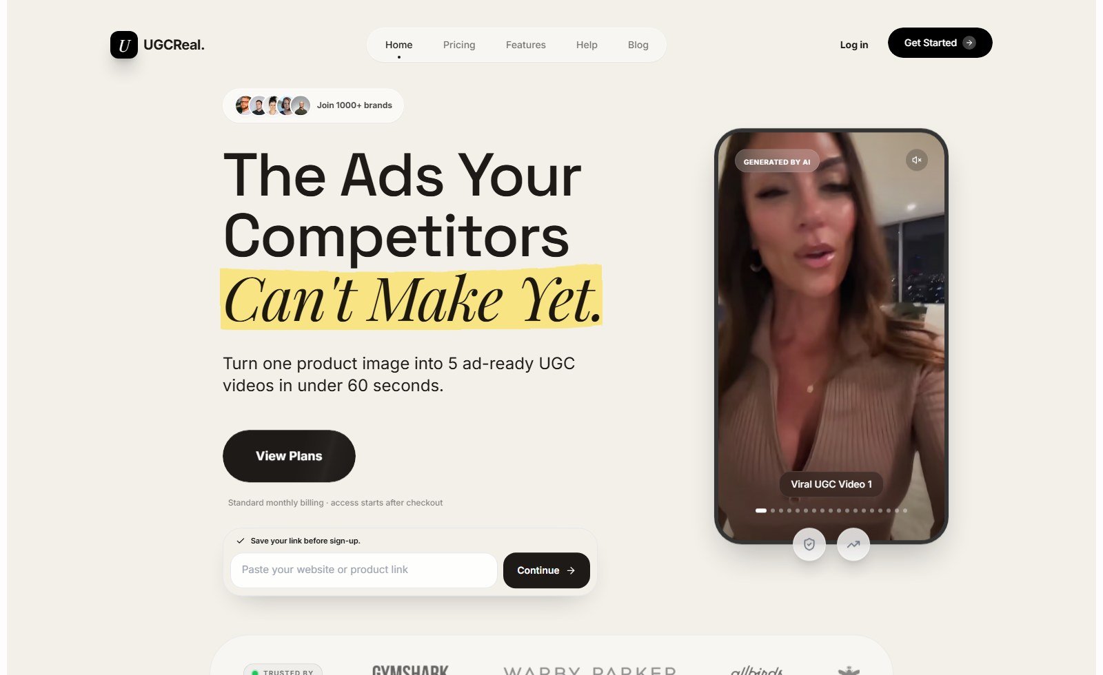 Official UGCReal homepage: one product image into 5 UGC videos, paste website or product link, GENERATED BY AI sample