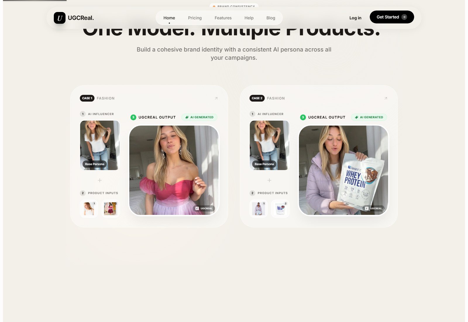 UGCReal homepage marketing one model across multiple products with official fashion case examples