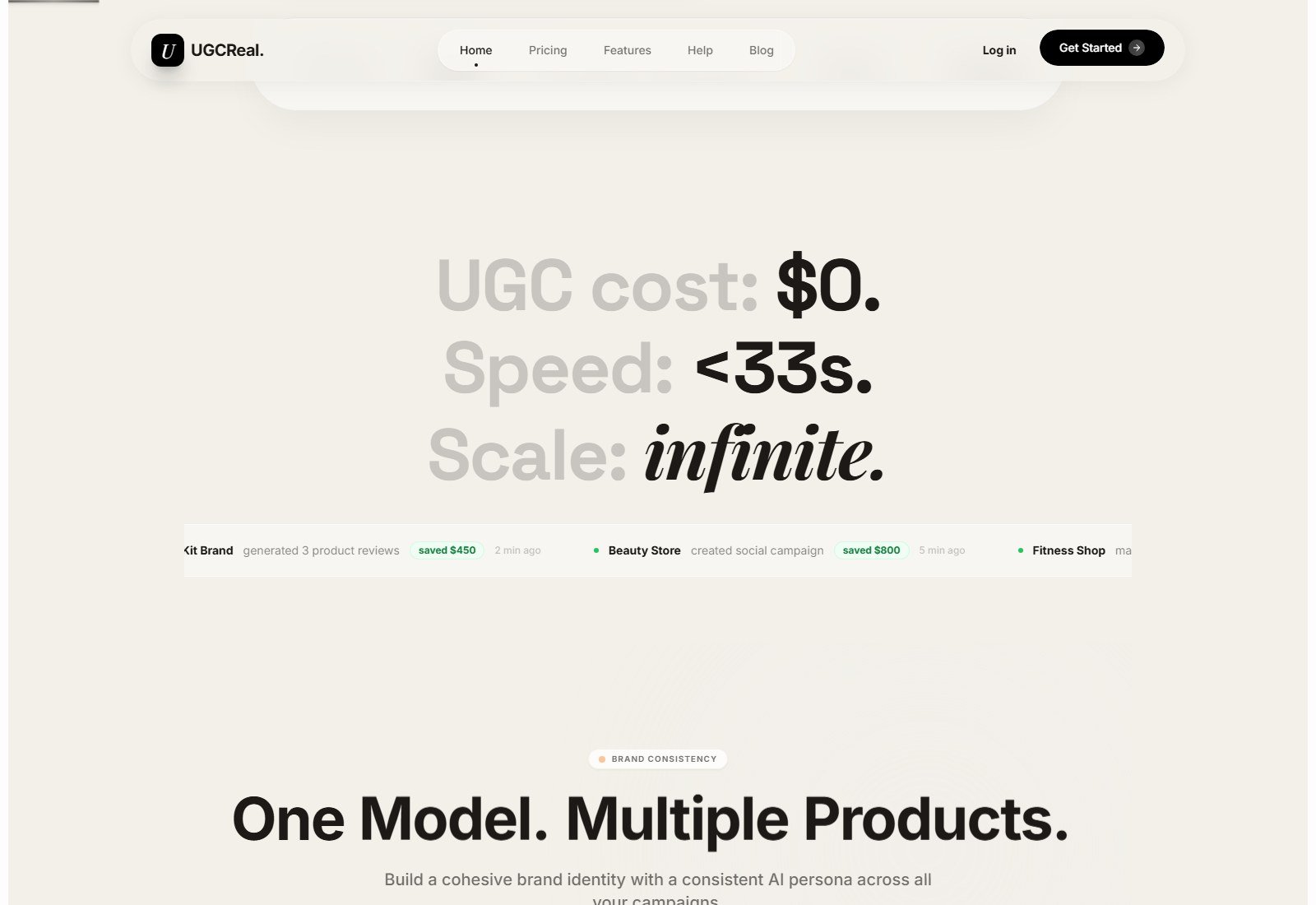 UGCReal homepage section claiming one model multiple products and brand consistency
