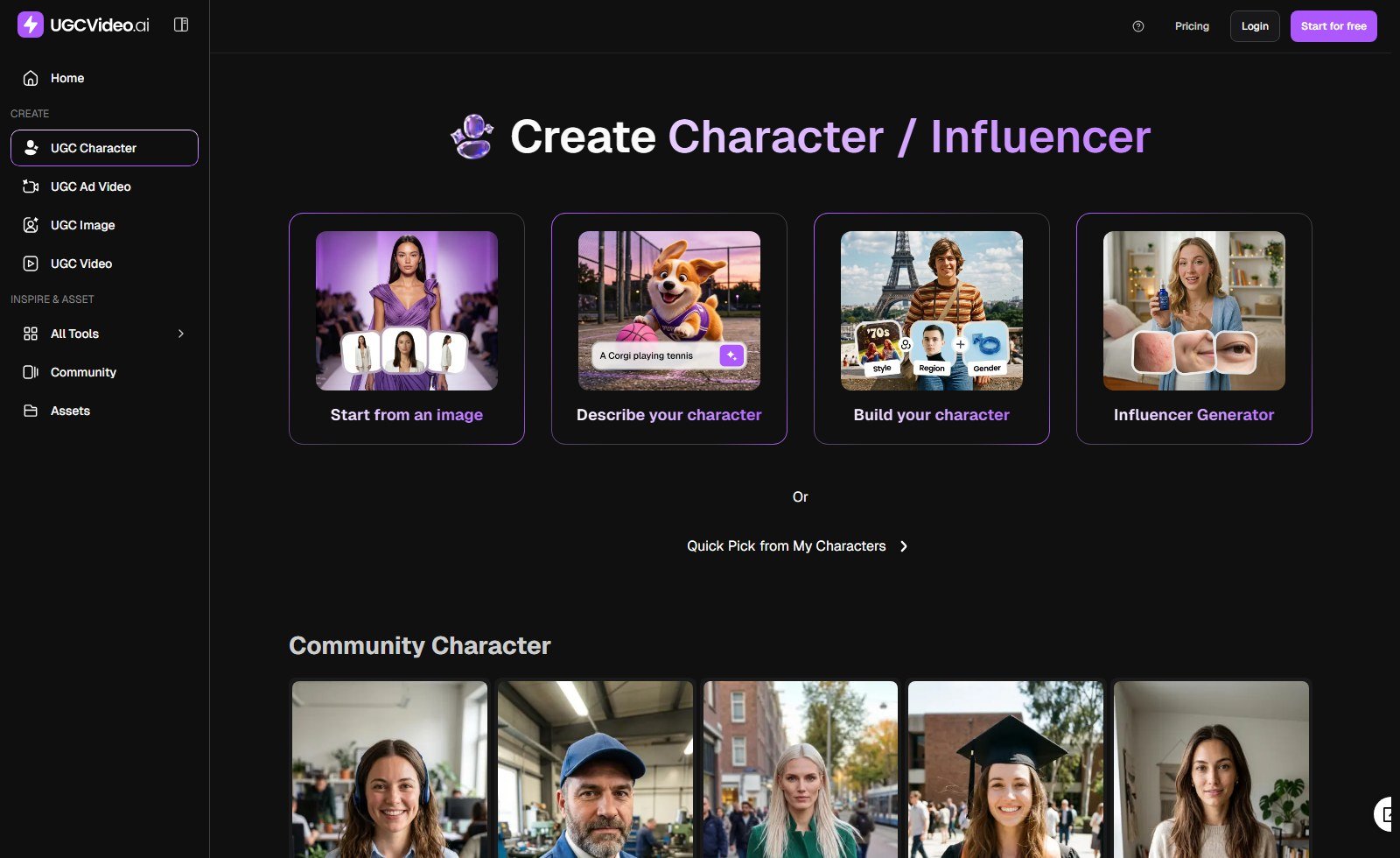 UGCVideo.ai Create Character Influencer start from image describe build Influencer Generator community