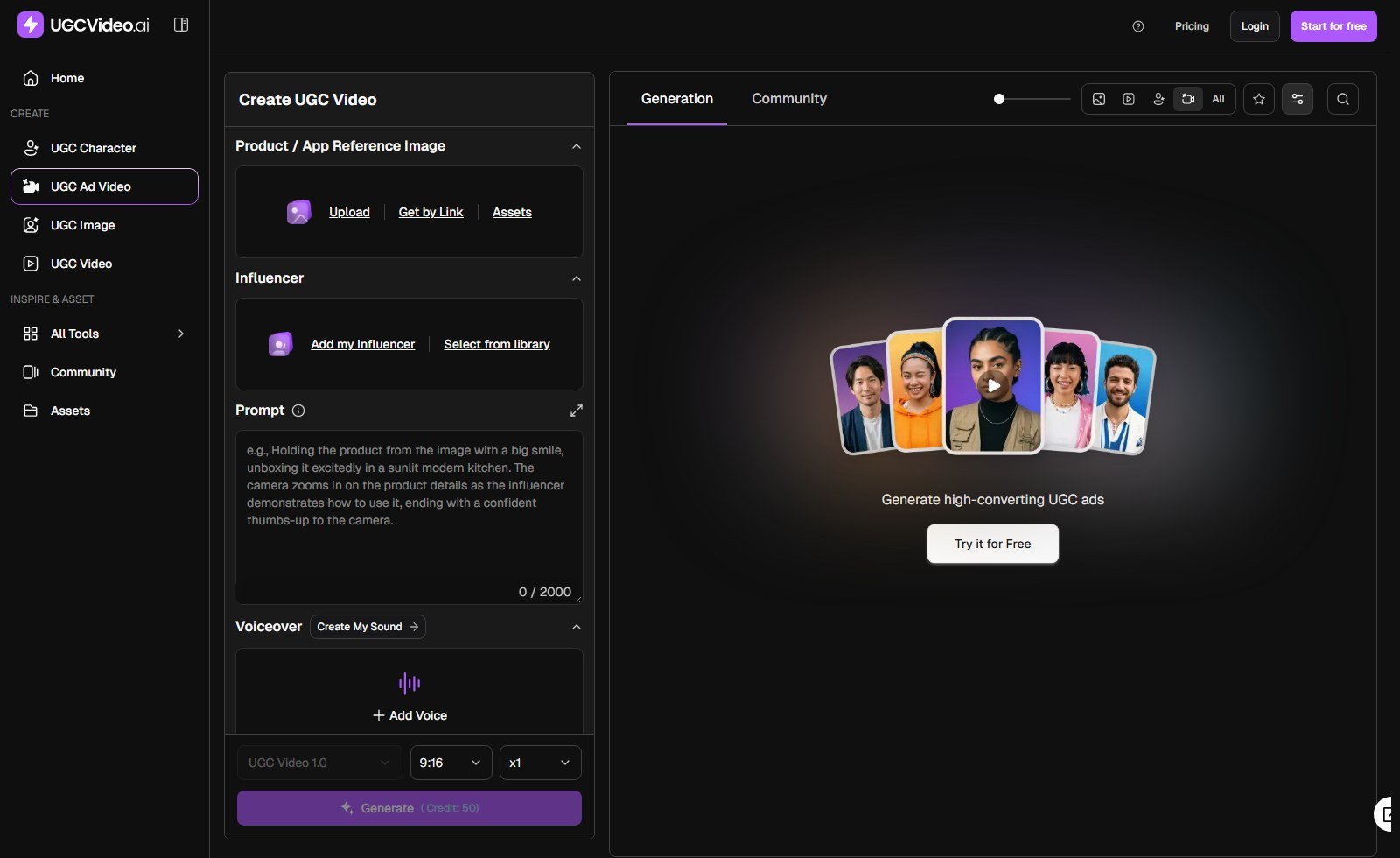 UGCVideo.ai Create UGC Video product upload Get by Link influencer prompt voiceover UGC Video 1.0 Generate Credit 50
