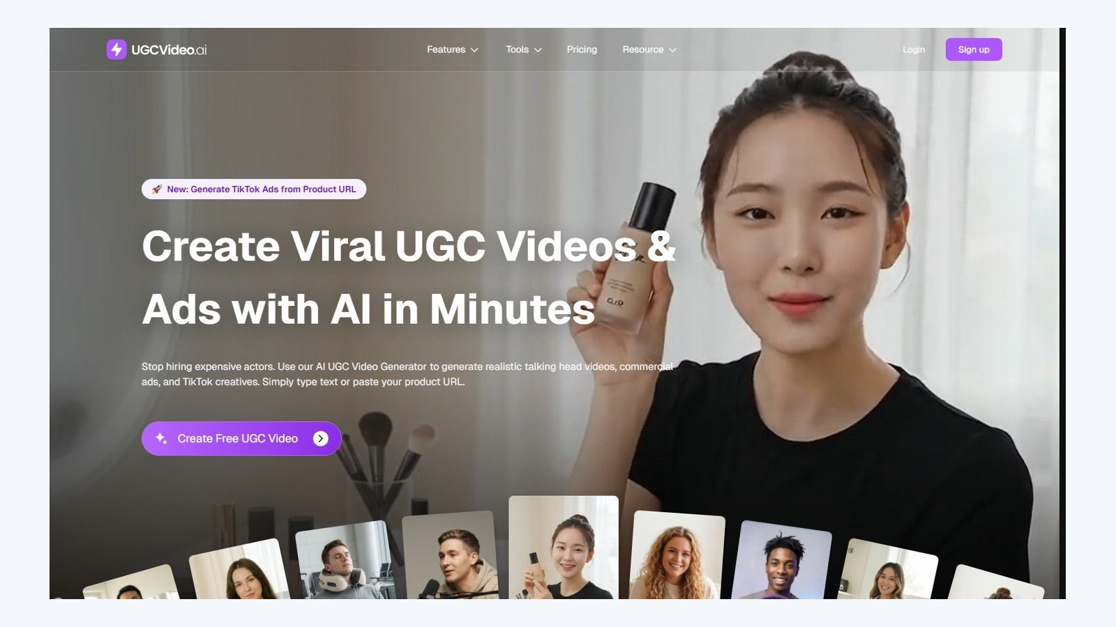 16 by 9 editorial canvas containing complete UGCVideo.ai homepage screenshot