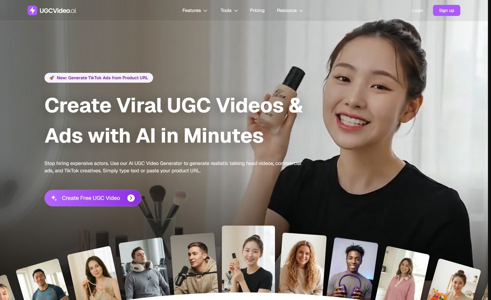 Official UGCVideo.ai homepage: Create Viral UGC Videos from product URL, presenter holding foundation bottle
