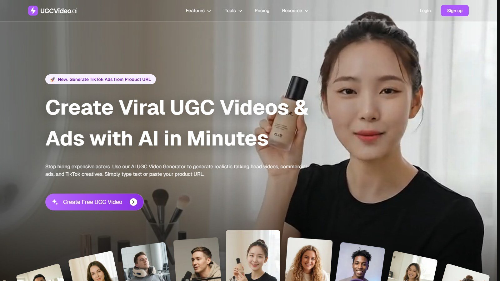 UGCVideo.ai homepage Create Viral UGC Videos and Ads with AI in Minutes product URL