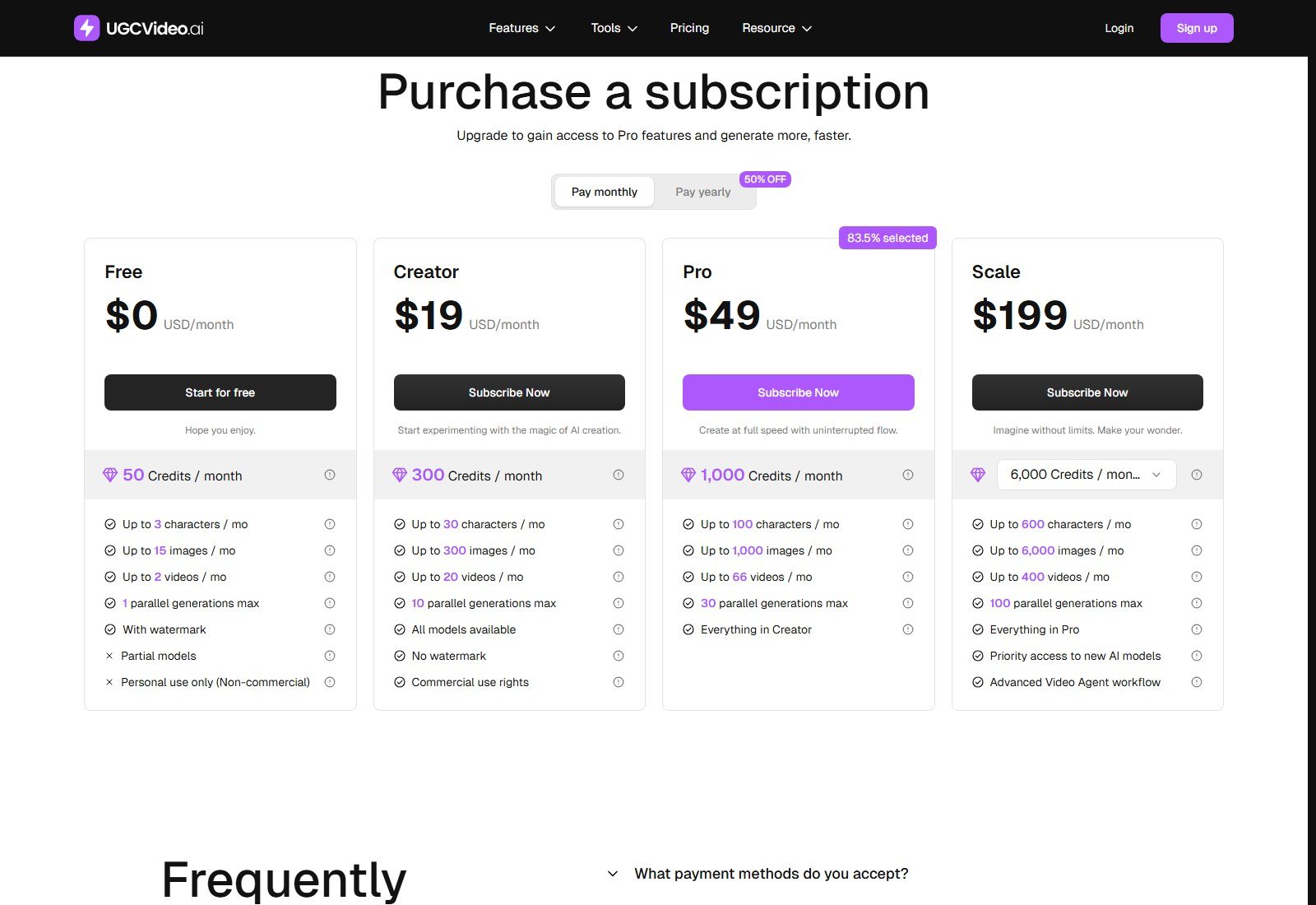 UGCVideo.ai monthly pricing Free 0 Creator 19 Pro 49 Scale 199 USD per month
