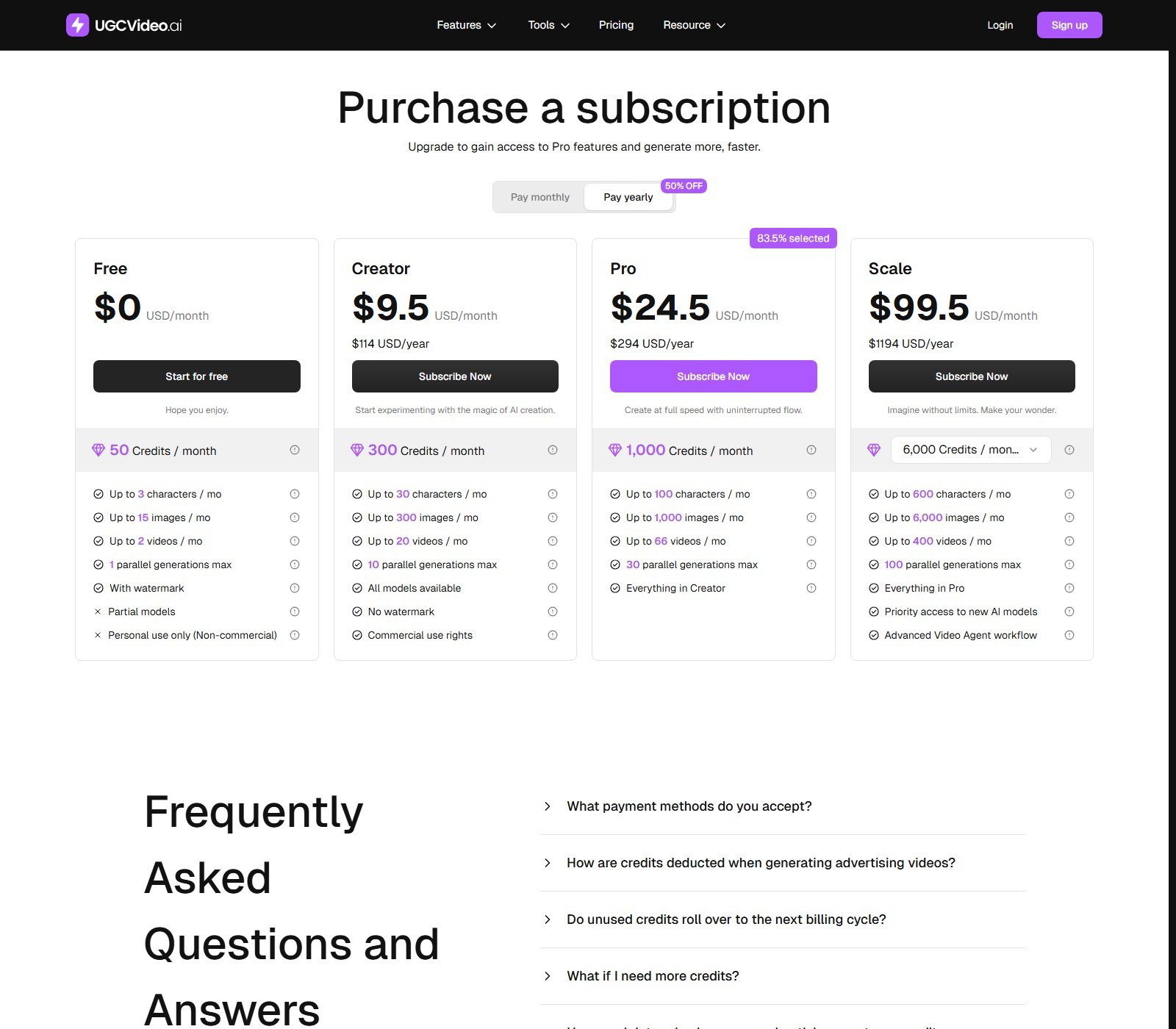Official UGCVideo.ai pricing: Free $0, Creator $9.50, Pro $24.50, Scale $99.50 with yearly dollar totals