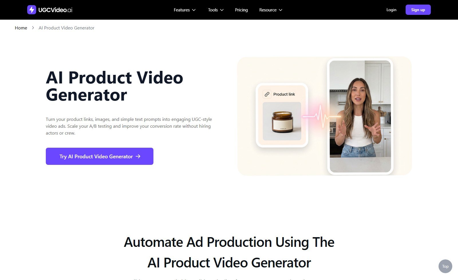 UGCVideo.ai AI Product Video Generator product link to talking presenter in kitchen