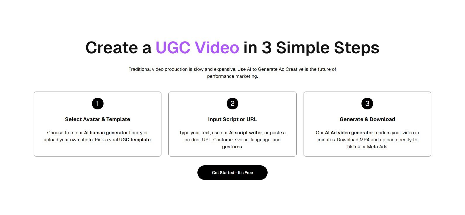 UGCVideo.ai three steps select avatar input script or URL generate and download MP4