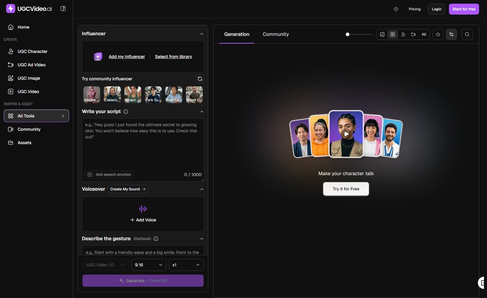 UGCVideo.ai talking video script influencer library voiceover gestures UGC Video 1.0 Generate Credit 50