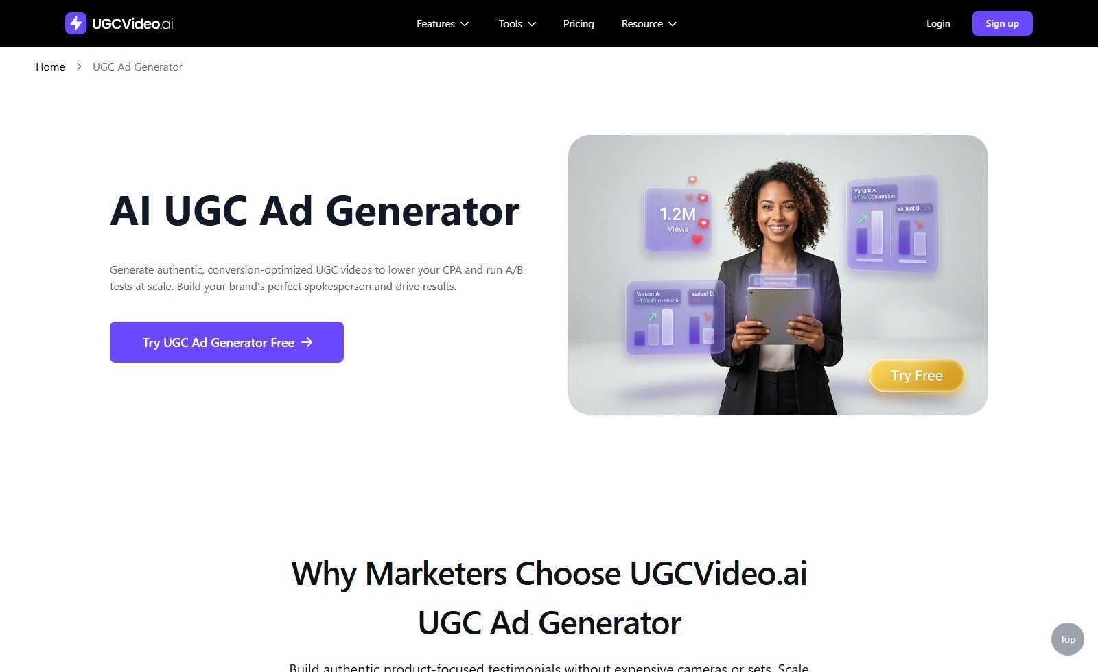 UGCVideo.ai AI UGC Ad Generator marketing page digital spokesperson