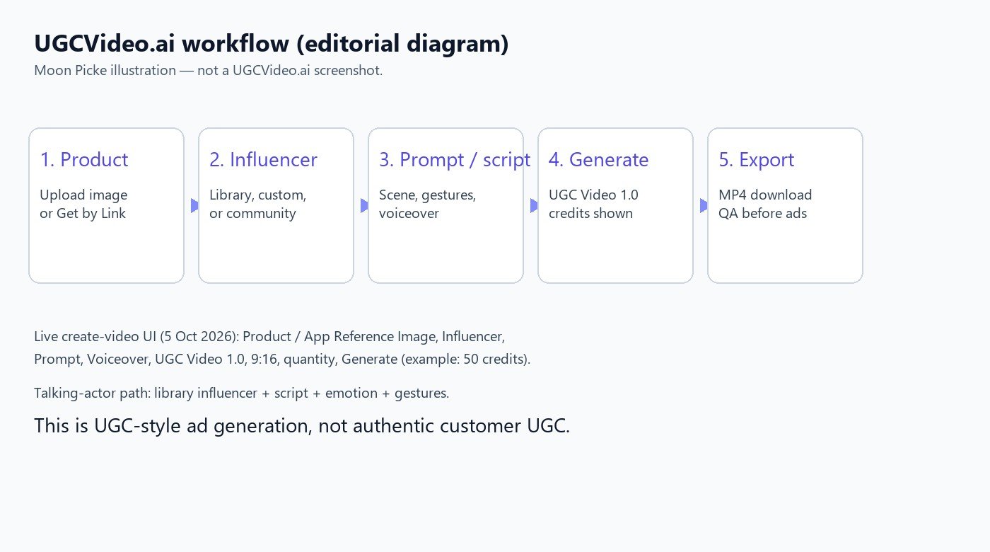 Moon Picke editorial diagram of UGCVideo.ai product influencer prompt generate export workflow