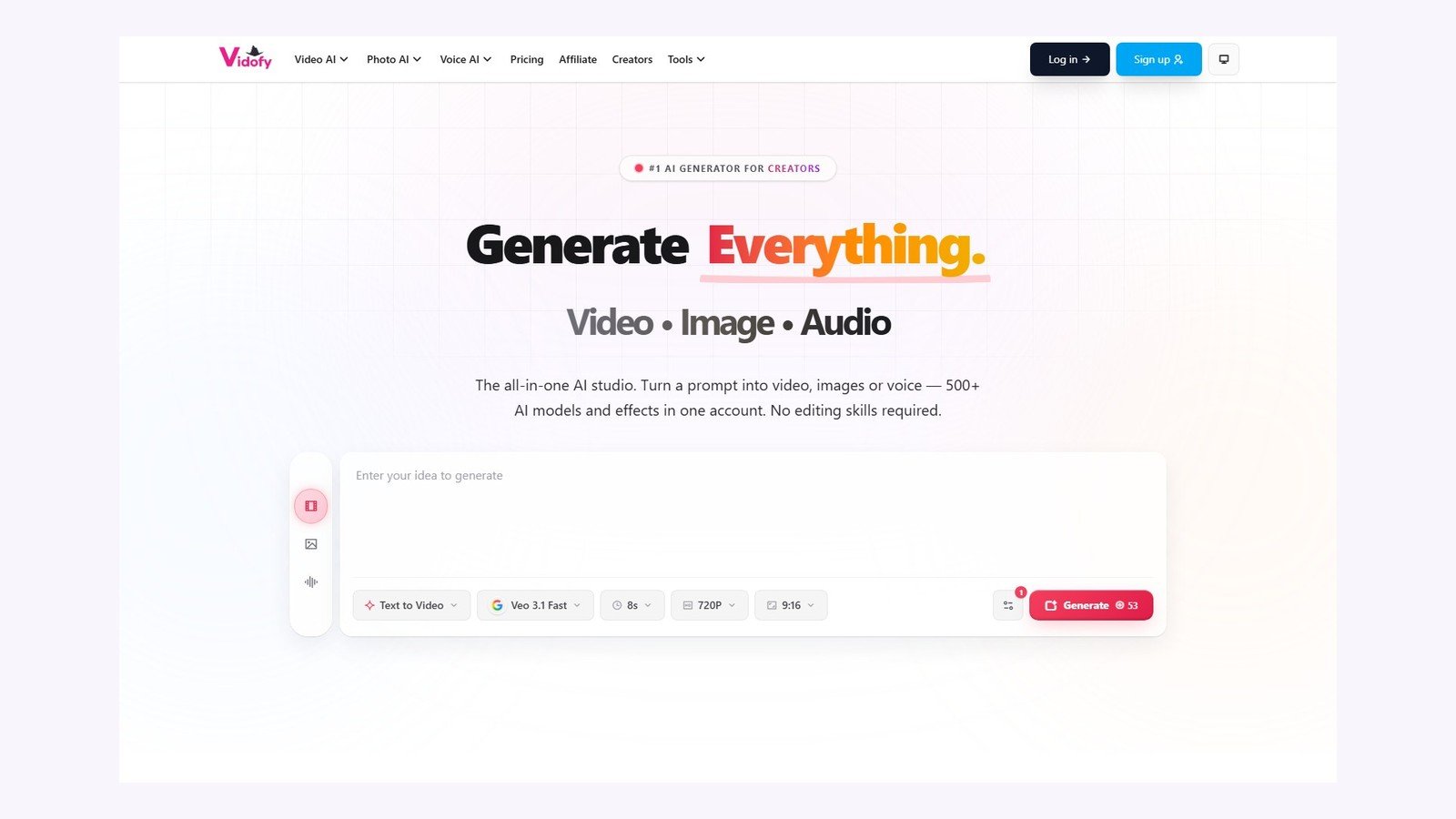 16:9 editorial canvas containing the complete official Vidofy.ai homepage generator, scaled without cropping the UI