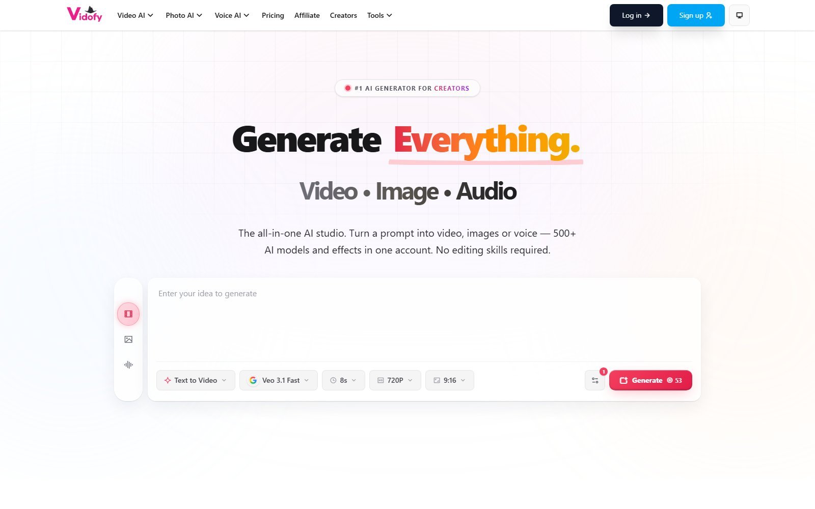 Official Vidofy homepage capture for multi-model text-to-video and image-to-video