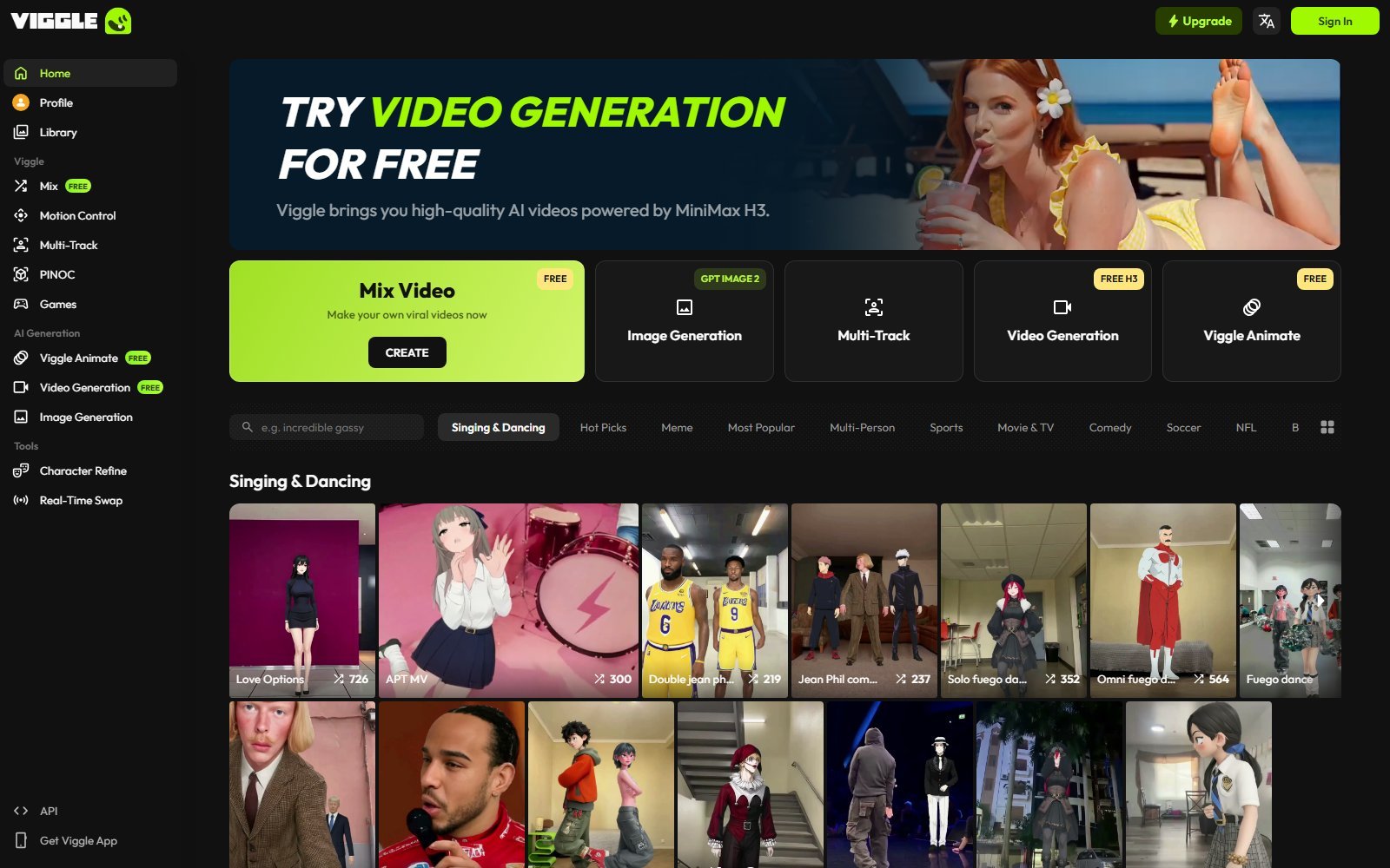 Official Viggle web app home with Mix Motion Control Multi-Track PINOC and MiniMax H3 video generation