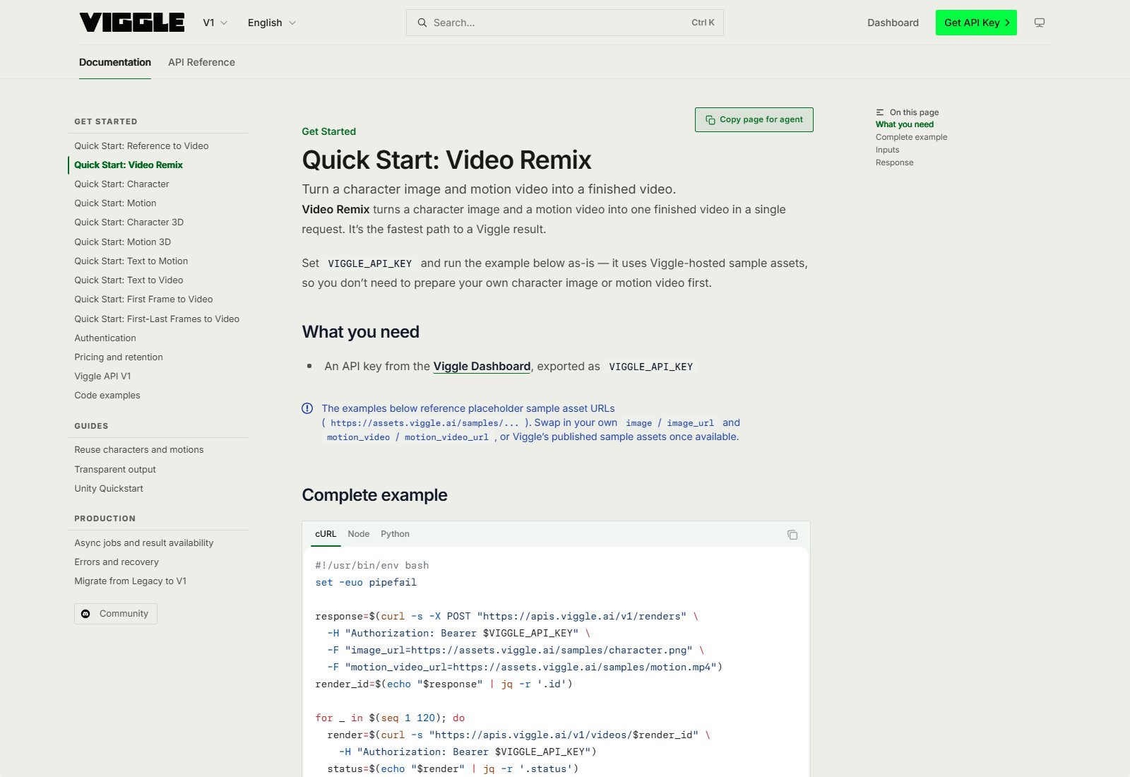 Official Viggle API docs Quick Start Video Remix character image plus motion video