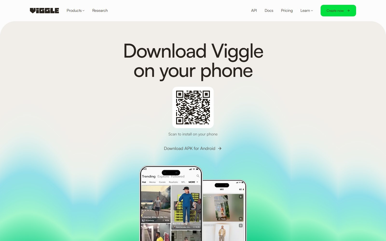 Official Viggle download page with QR code Android APK and mobile Mix app preview