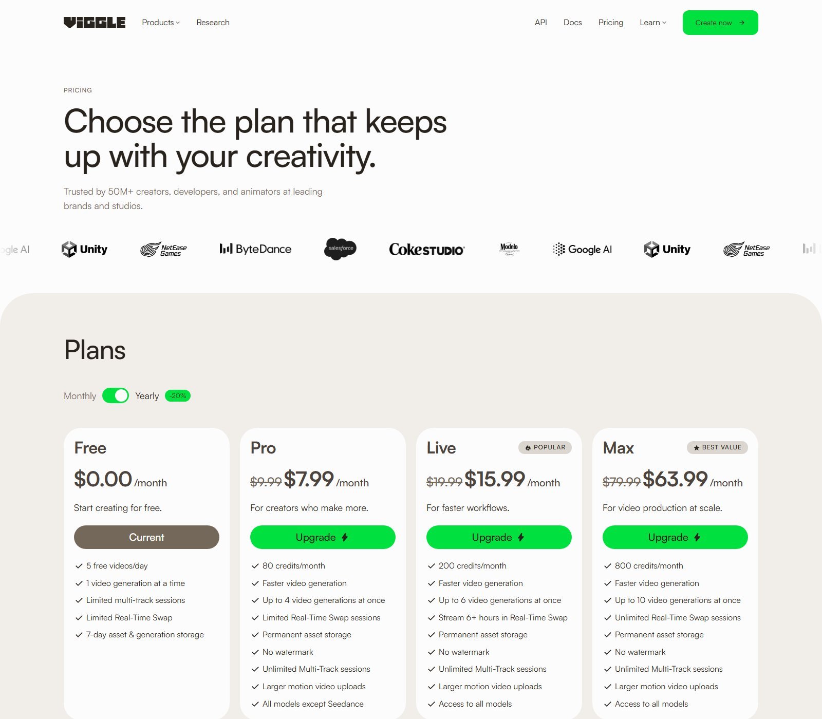 Official Viggle yearly pricing cards Pro 7.99 Live 15.99 Max 63.99 per month equivalent