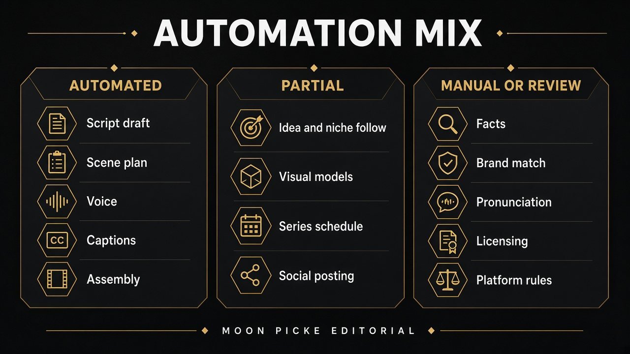 Moon Picke editorial columns for automated, partial, and review steps in StoryShort