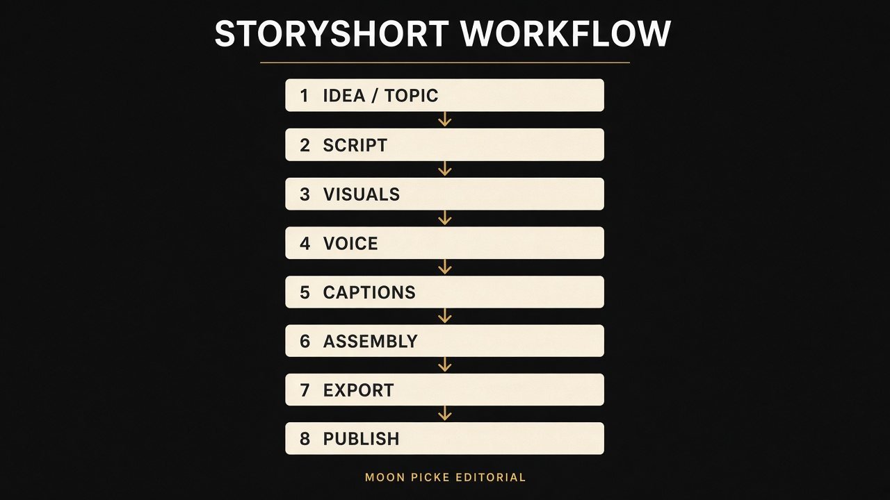 Moon Picke editorial diagram of StoryShort workflow from idea through publish