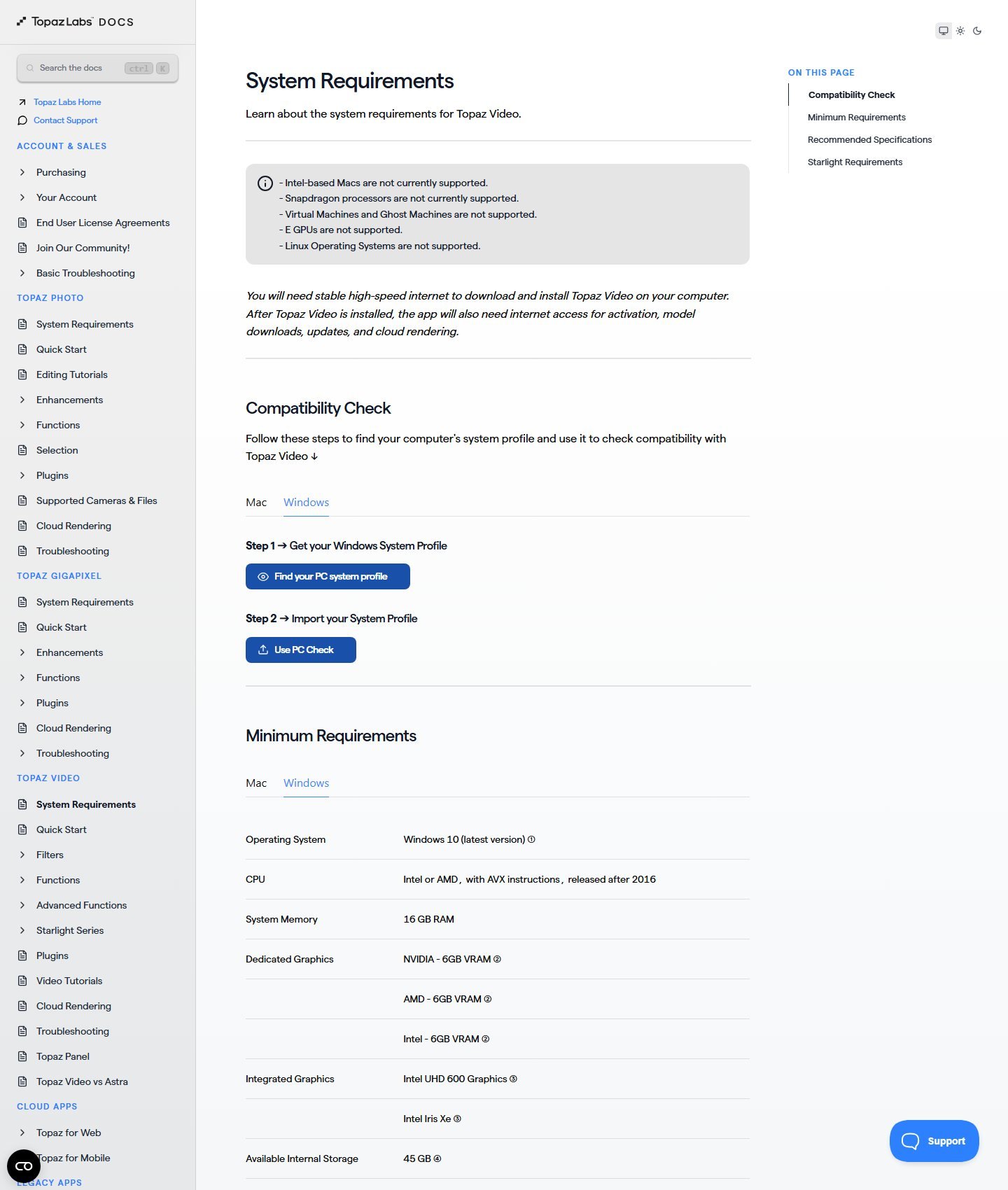 Topaz Labs docs page titled System Requirements for Topaz Video, Windows minimum table visible