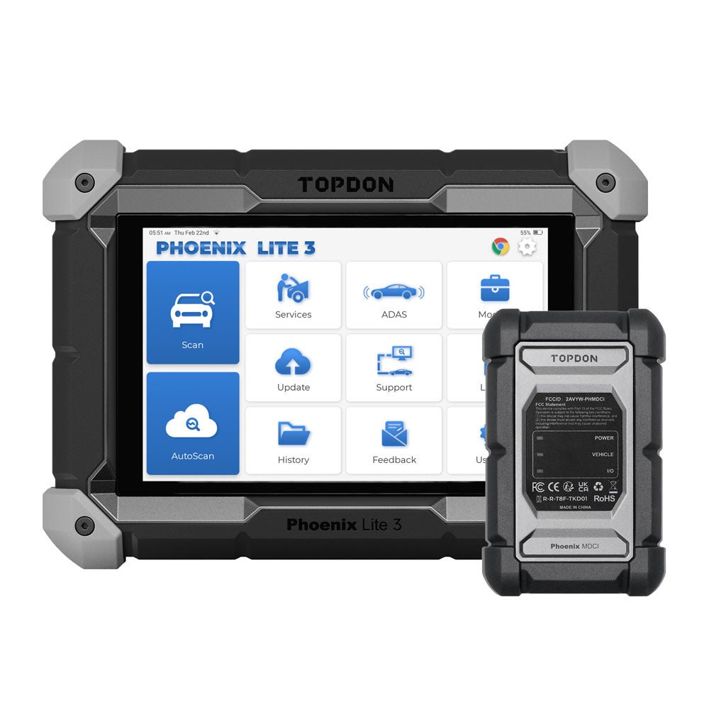 TOPDON Phoenix Lite 3 tablet with the model name on the bezel and a Phoenix MDCI VCI