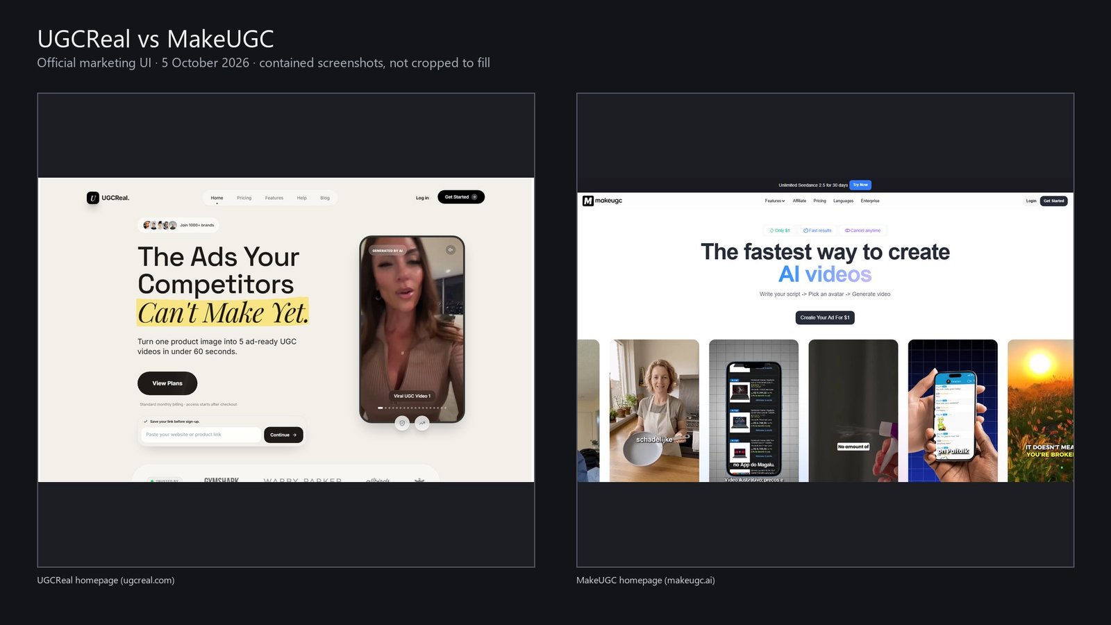 Editorial 16:9 canvas with complete UGCReal and MakeUGC homepages contained, not cropped to fill