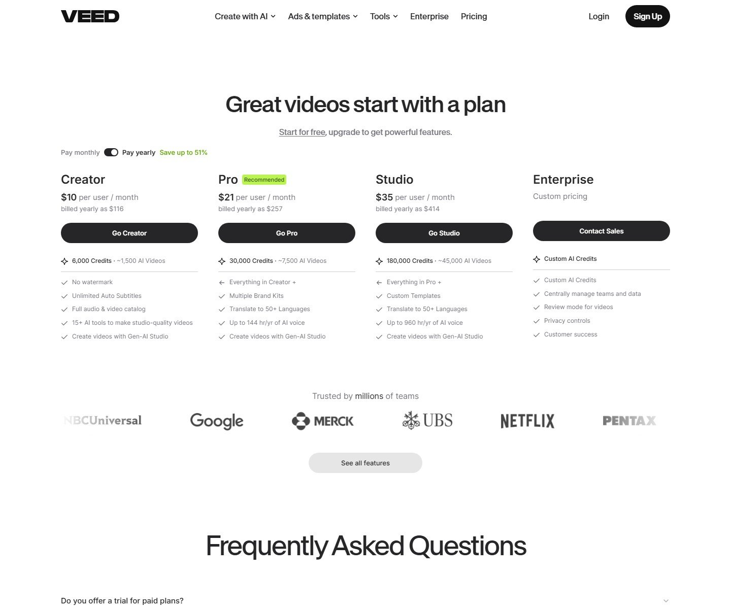 VEED pricing page with Pay yearly selected and Creator, Pro, Studio, and Enterprise plans
