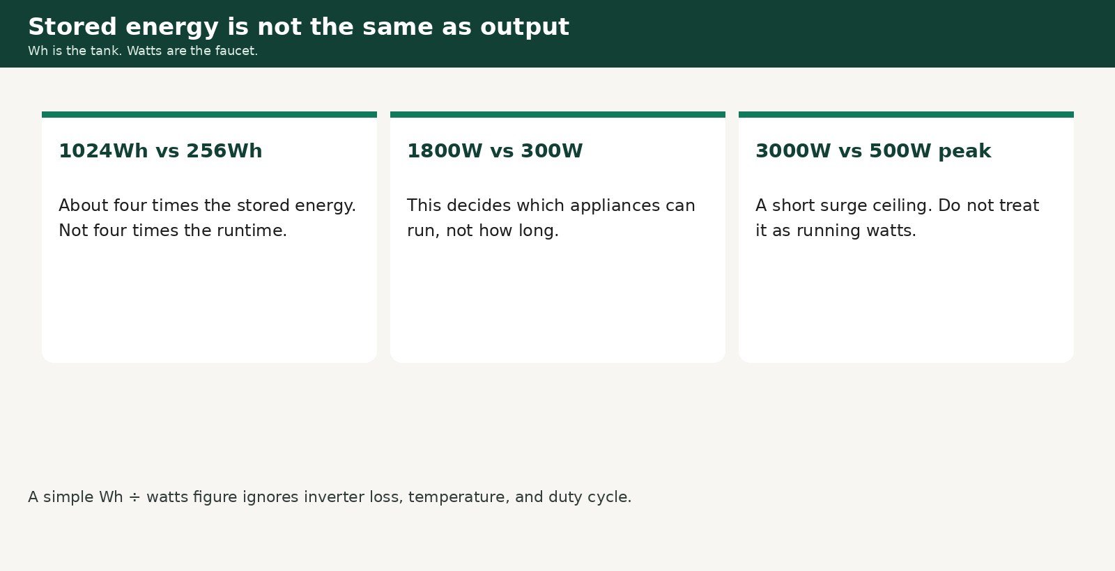 Graphic separating stored watt-hours from continuous watts and peak watts