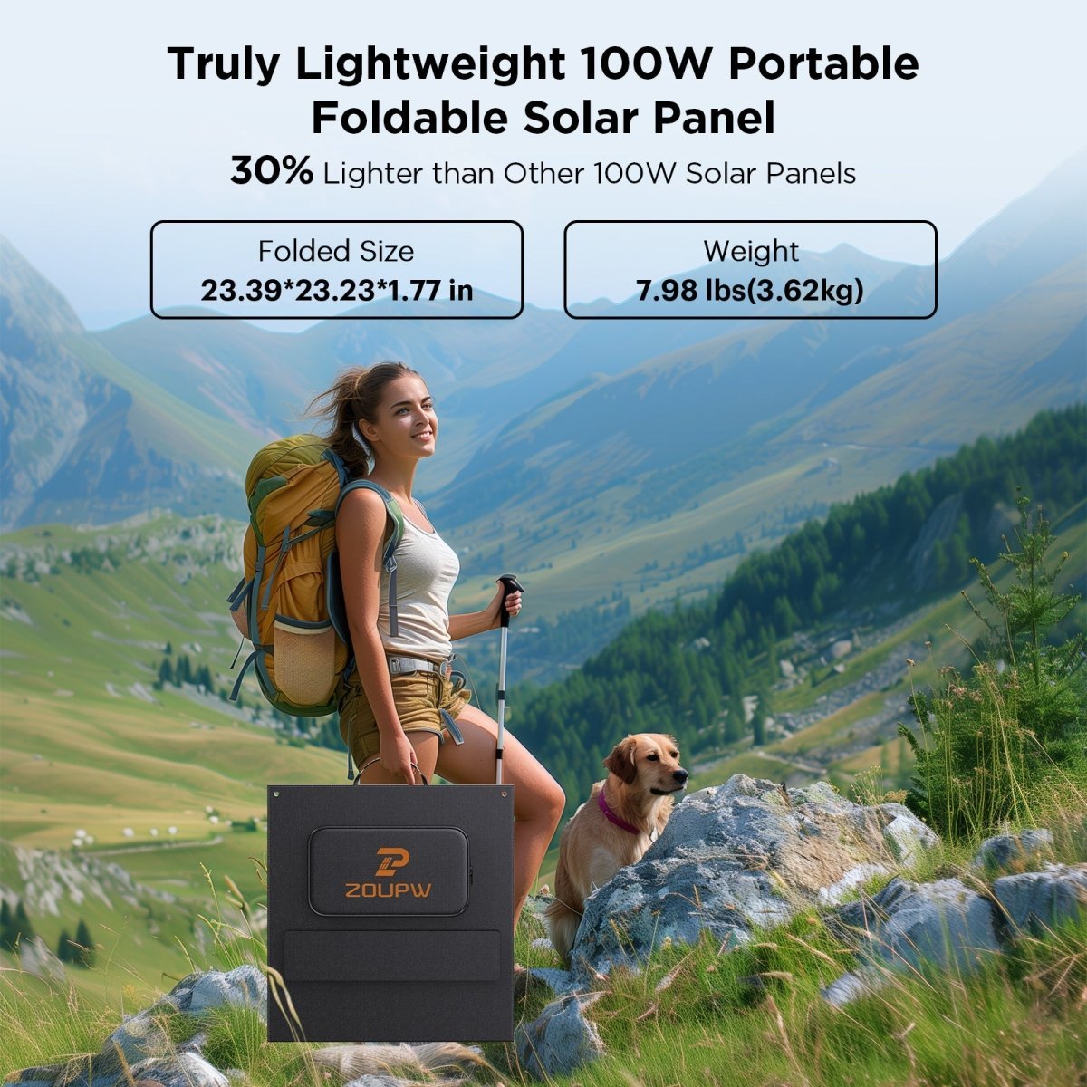 Folded ZOUPW 100W Lightweight N-Type solar panel with listed folded size and 7.98 lb weight
