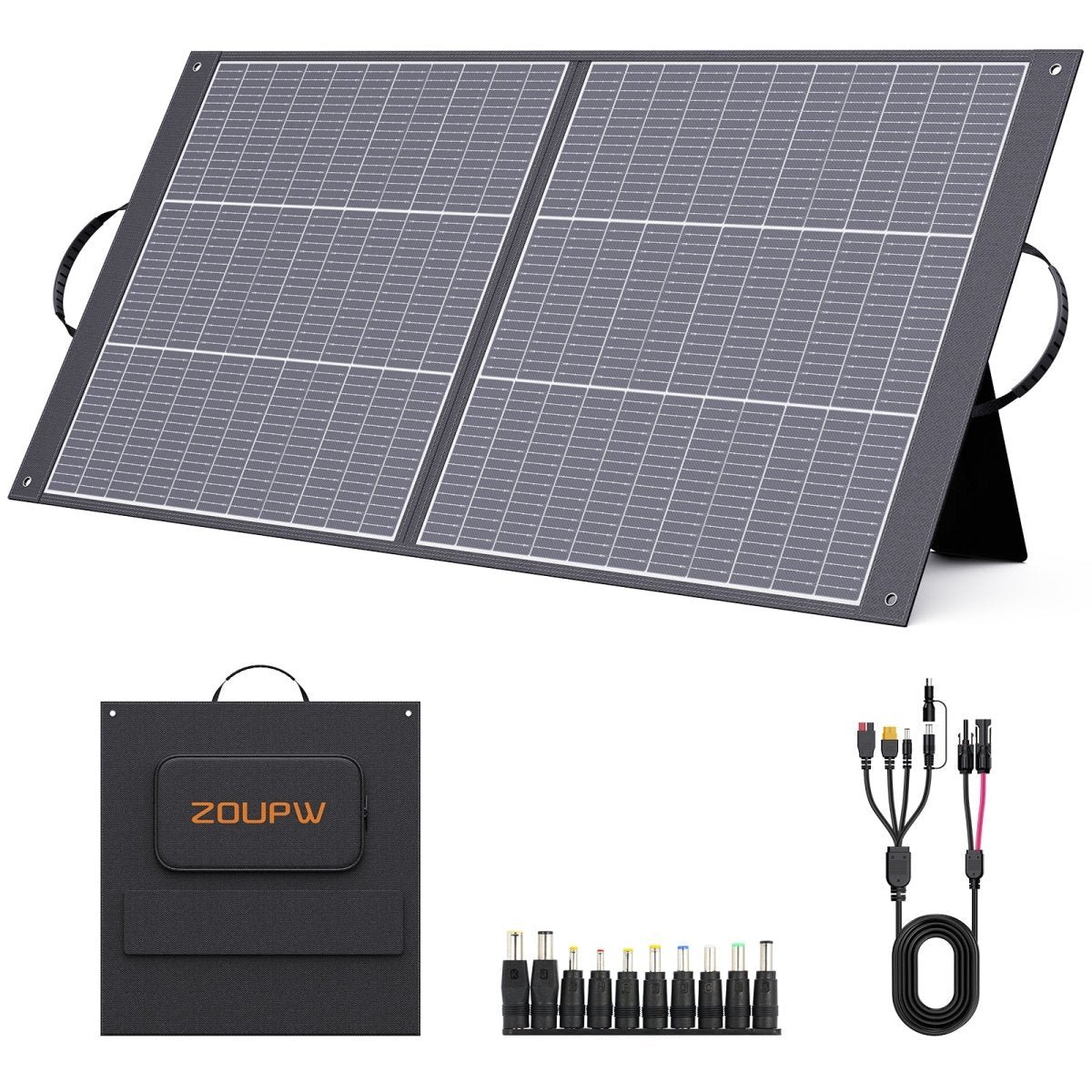 ZOUPW 100W Lightweight N-Type 16BB portable solar panel unfolded with carry case and adapters