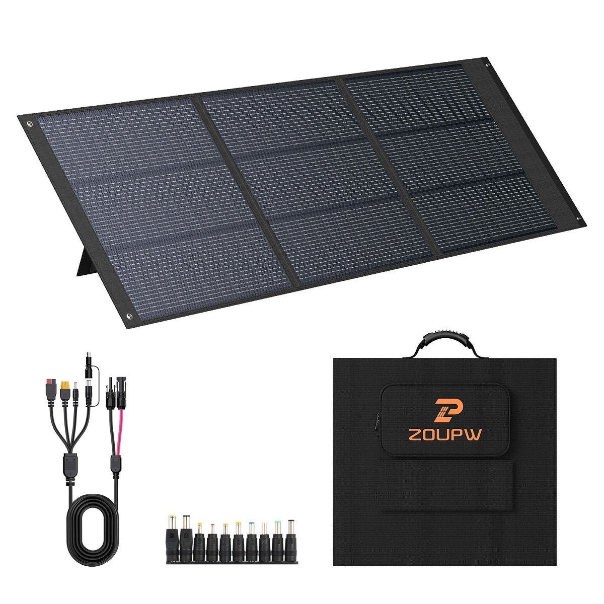 ZOUPW 160W Lightweight N-Type 16BB portable solar panel unfolded with cable and 10-in-1 adapters