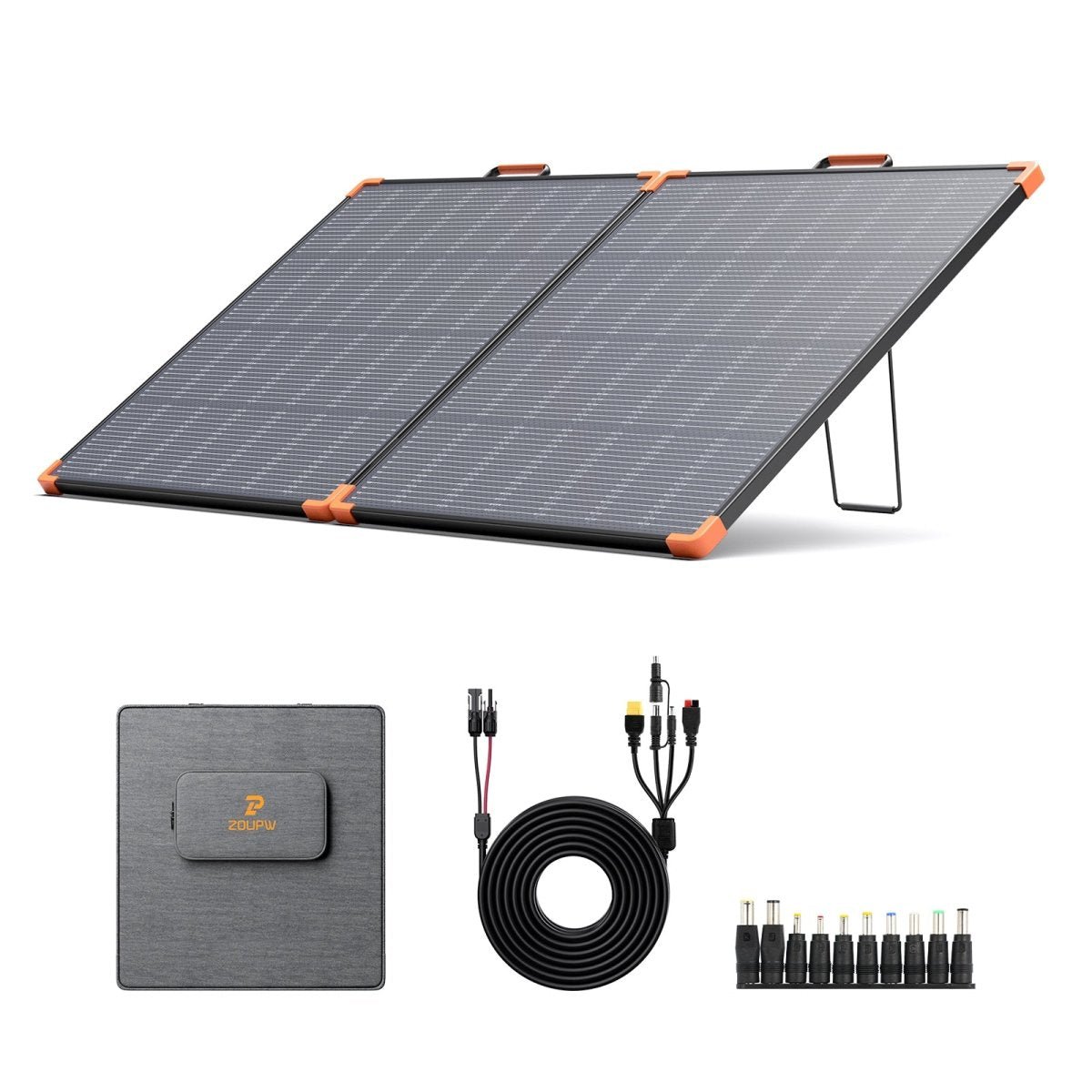 ZOUPW 180W N-Type 16BB foldable solar panel with aluminum kickstand, bag, and adapter set
