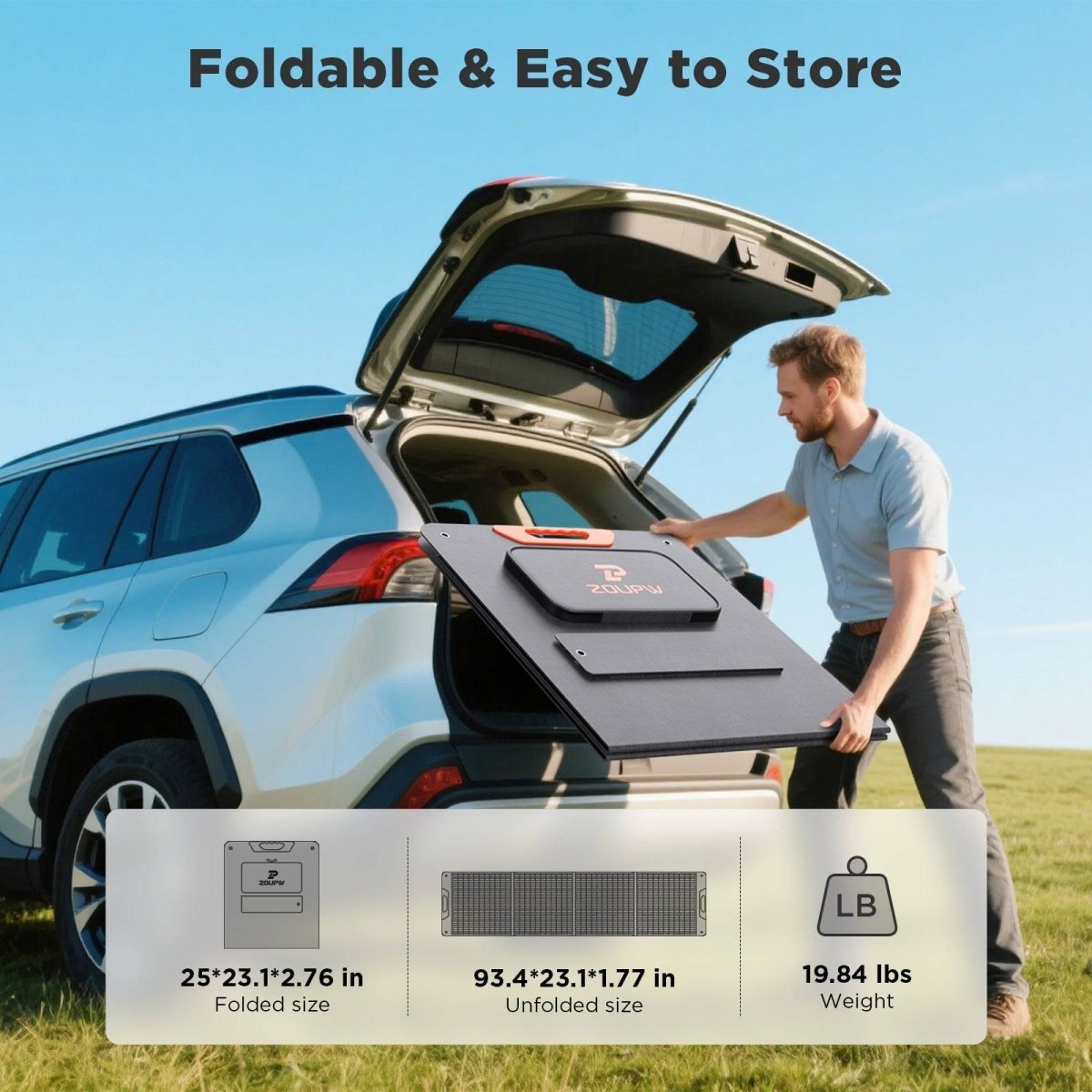 Folded ZOUPW 200W FoldGo Pro panel being loaded into a vehicle with size and 19.84 lb callouts