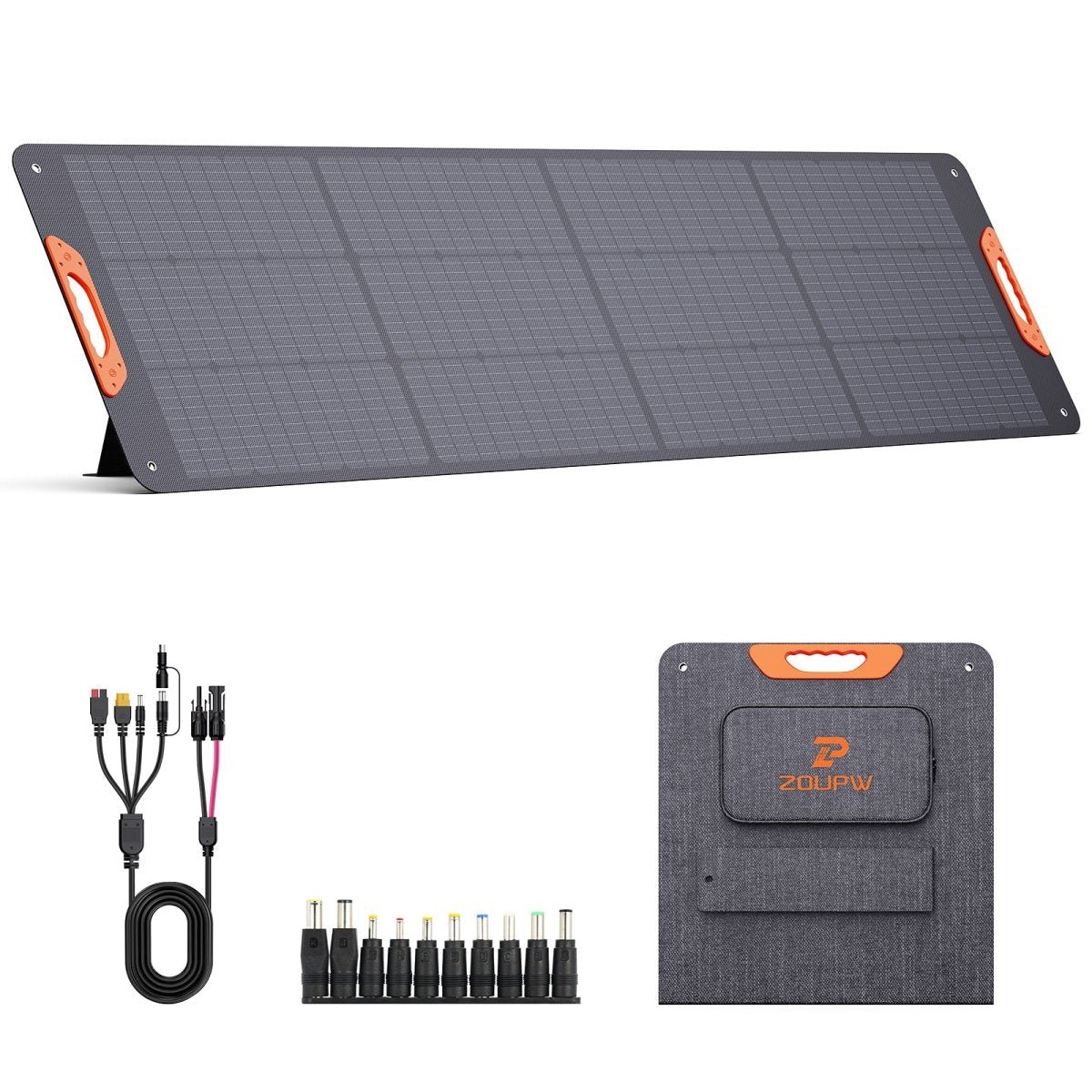 ZOUPW 200W FoldGo Pro 10BB portable solar panel unfolded with magnetic handle and adapters