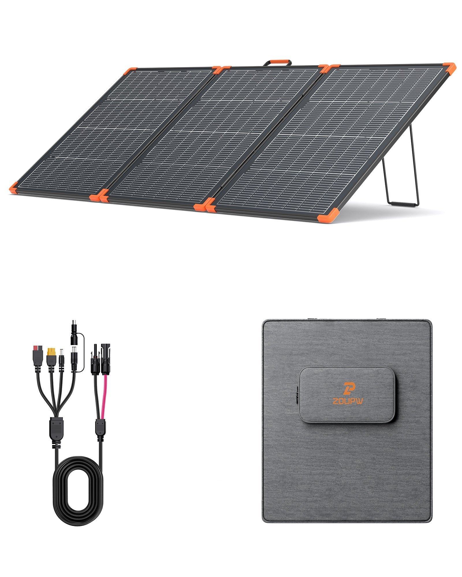 ZOUPW 230W bifacial portable solar panel unfolded on an aluminum frame with carry case