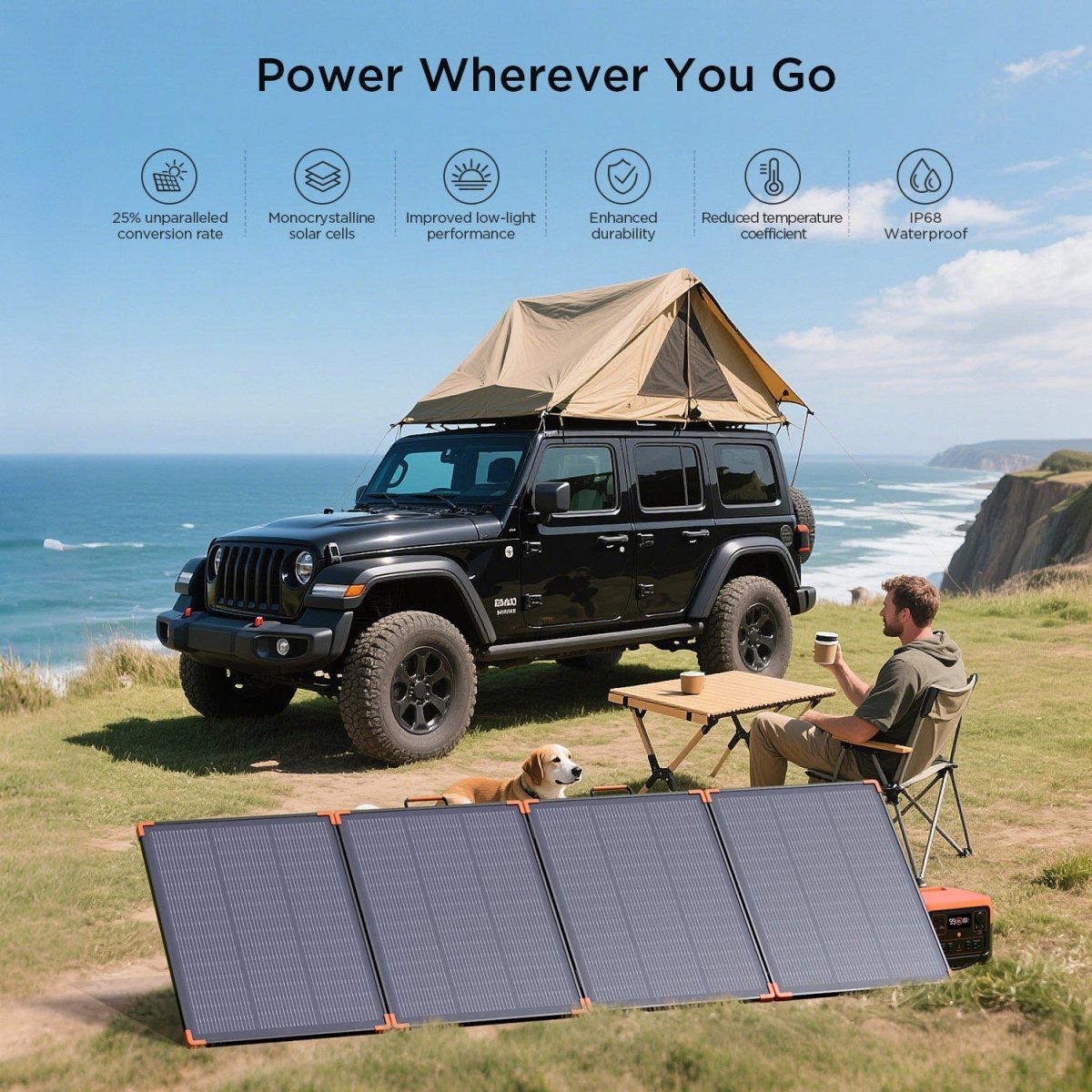 ZOUPW 300W N-Type 16BB four-section portable solar panel deployed beside an overland vehicle