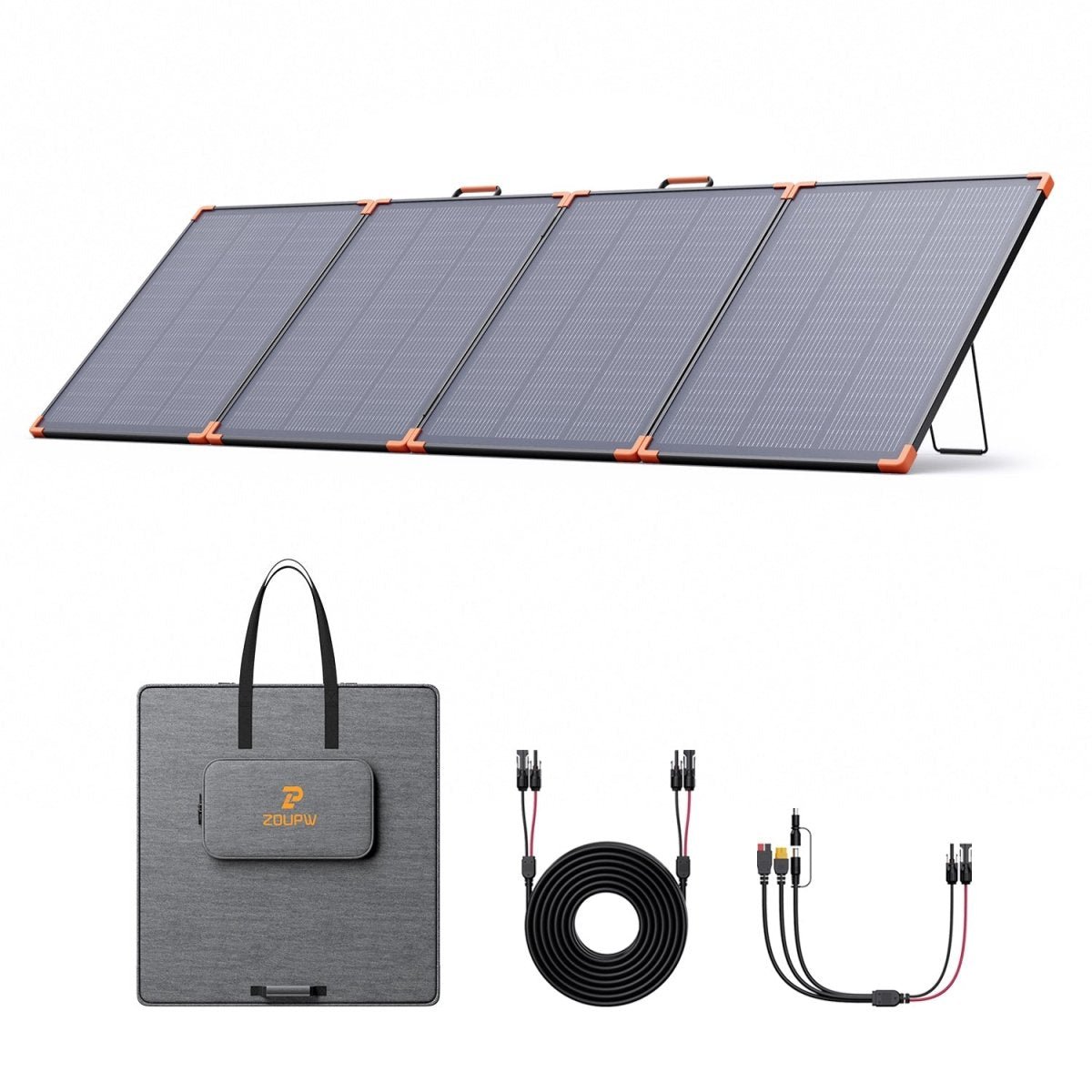 ZOUPW 300W foldable N-Type solar panel with aluminum kickstand, bag, and 4-in-1 cable