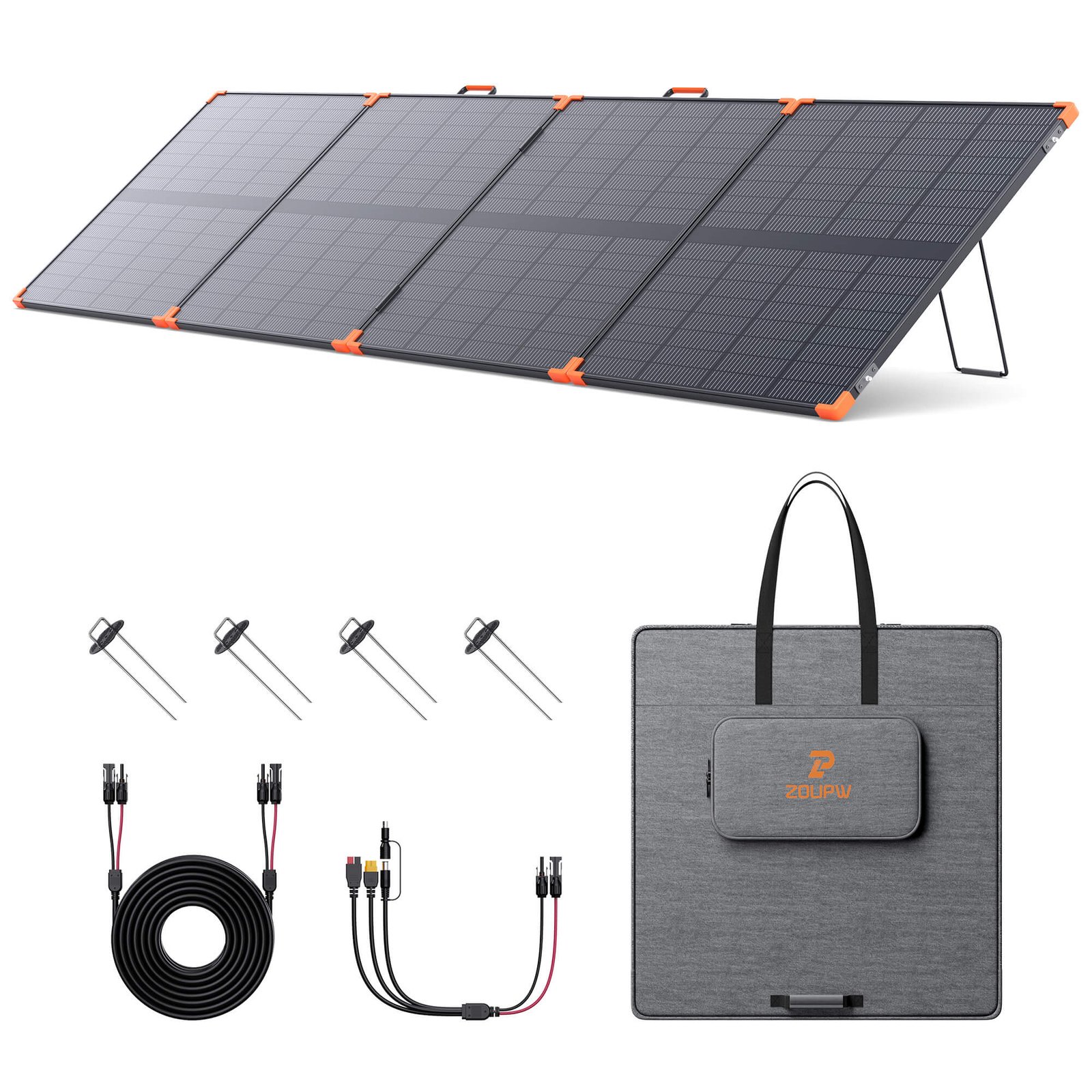 ZOUPW 450W PRO bifacial portable solar panel unfolded with ground stakes, bag, and 4-in-1 cable